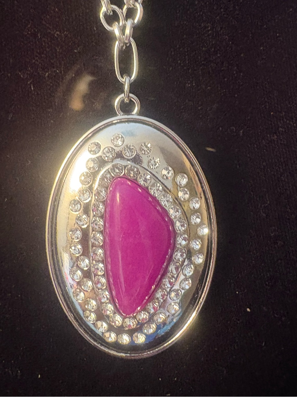 Silver Necklace Pendant with Pink Center Stone and Crystal Accent